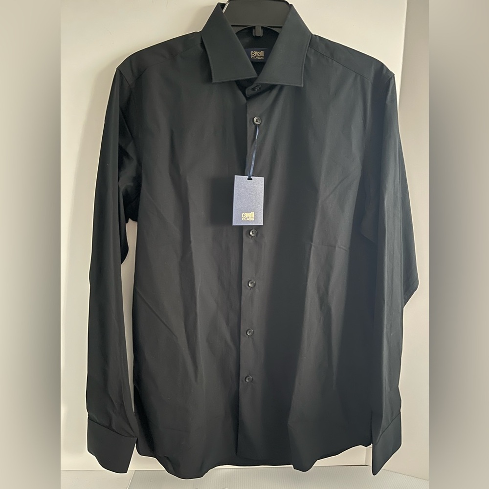 Cavalli Class Stretch Cotton Pique Men's Slim Fit Long Sleeve Dress Shirt